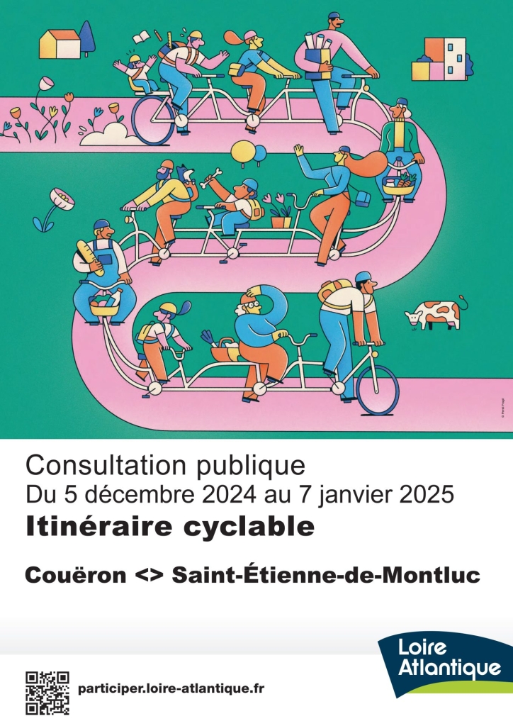 Affiche consultation publique du 5 décembre 2024 au 7 janvier 2025 : donnez votre avis sur l'itinéraire cyclable CouëronSt-Étienne-de-Montluc